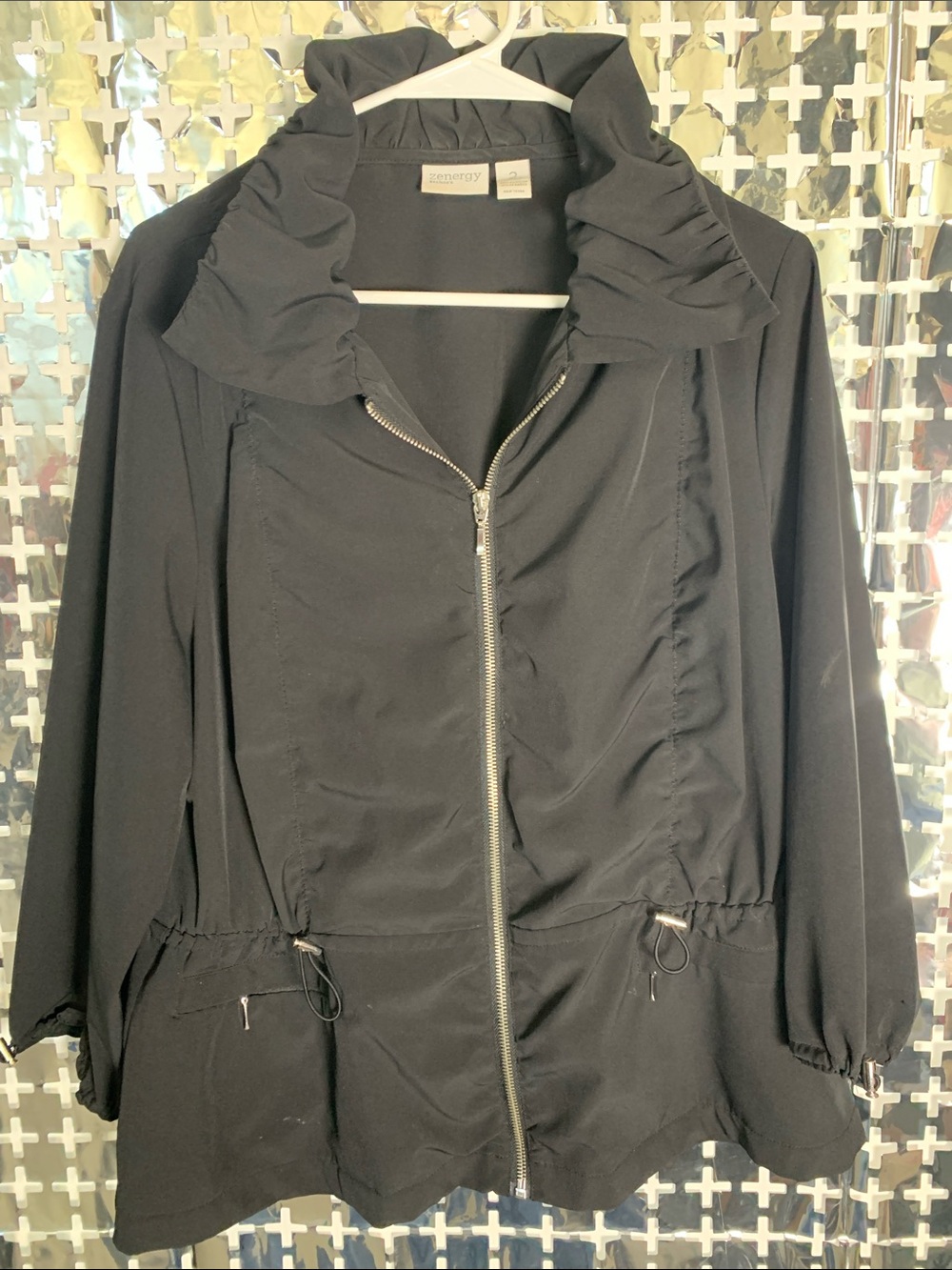 Chico's Black Zip-Front Ruffled Collar Utility Jacket